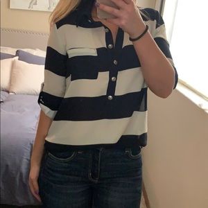 Blue and white striped collared blouse